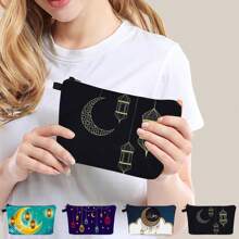 1pc Bolsa de maquiagem impressa Eid Mubarak do Oriente Médio, material macio com abertura com zíper, organizador de cosméticos de viagem portátil, presente de festival para mulheres e meninas