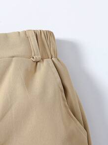 Young Boy Casual Solid Color Knight Embroidery Pants, Slant Pockets, Elastic Waistband Design, Suitable For Daily Wear, Travel, Parties, Vacations, Fashion Versatile - Khaki - View 4