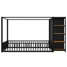 MISSUNNY Full Size Floor Bed Frame With Wardrobe, Metal Floor Bed With Storage Shelves, Black
