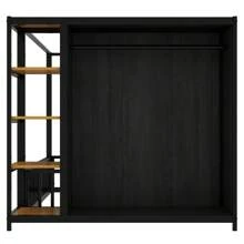 MISSUNNY Full Size Floor Bed Frame With Wardrobe, Metal Floor Bed With Storage Shelves, Black