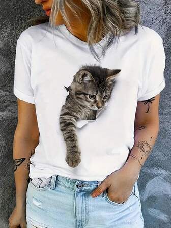 Cute Cat Print Round Neck Short Sleeve T-Shirt, Casual Daily Wear Tops, Women
