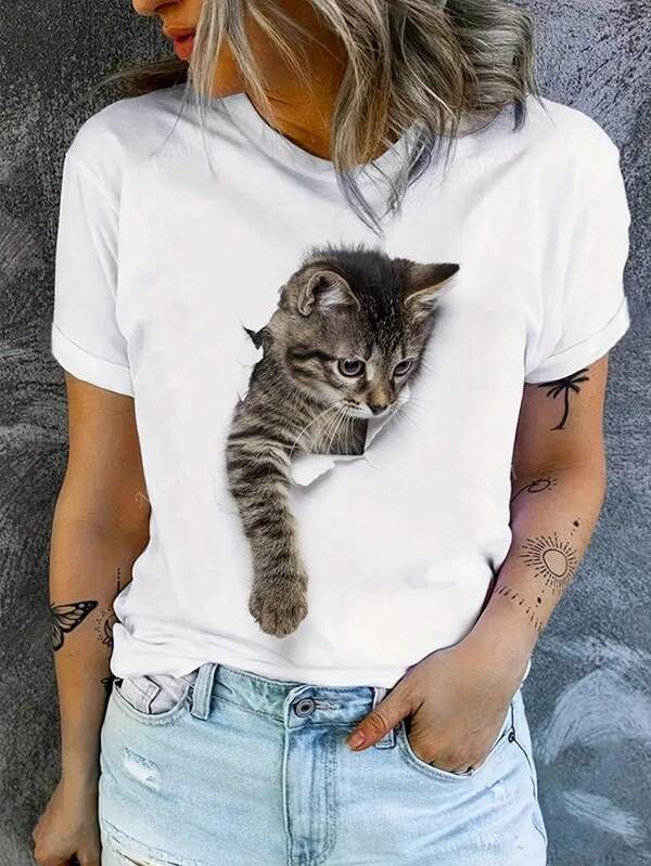 Cute Cat Print Round Neck Short Sleeve T-Shirt, Casual Daily Wear Tops, Women