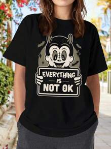 Everything Is Not Ok - A Humorous Design Featuring Bats Cartoon Devil With Devil Horns Eerie Illustration Playful Horror Stitched Face And Vintage Style For Women's Women T-Women's Shirt Under The Moon - Black - View 1