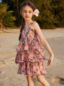 ASK JUNIOR Tween Girls Summer Ruffle Trim Vacation Princess Style Dress