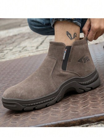 Cow Suede Leather Khaki Boot With Steel Toe , No Lace Boot Brown Anti-Smash