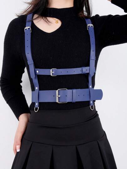 1pc Women's Blue Suspender Belt, PU Leather Chest Strap, Clothing Accessory