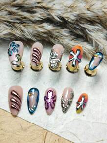 10 件中号棺材按压指甲海洋艺术风格，海星和章鱼 3D 设计，全覆盖和高品质，适合夏日派对/海滩度假，舒适贴合，指甲套装带锉刀和果冻胶 - 彩色 - 查看 2