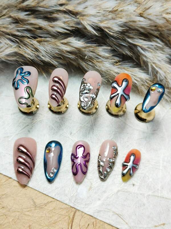 10PCS Medium Coffin Press On Nails Ocean Art Style, Starfish & Octopus 3D Design, Full Coverage & High - Quality, For Summer Party/Beach Vacation, Comfort Fit, Nail Kit With File & Jelly Glue