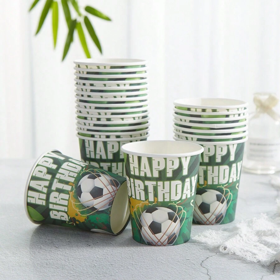 10/24 件 9 盎司足球主题生日快乐纸杯，一次性运动纸杯，派对装饰，生日派对，庆祝活动用品礼物 - 彩色 - 查看 1