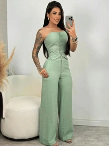 Women's Elegant Strapless Set Plus Formal Tailored Wide Leg Pants - Mint Green - View 4
