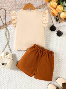 2pcs/Set Girls Spring/Summer Fashion Vintage Casual Round Neck Apricot Short Cap Sleeve Top With Front Brown Letter Print Design, Matching Brown Deer Velvet Elastic Waist Fringe Hem Loose Shorts