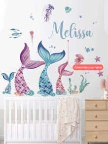 1 Stück Meerjungfrauenschwanz, Seetang, Cartoon Wandtattoo, anpassbarer Text Wandaufkleber, erstelle deinen Signaturstil & personalisieren Raum, Schlafzimmer Wohnzimmer Dekor Zuhause abziehbar, Material: PVC