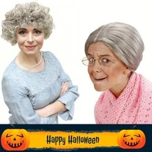 5pcs Old Lady Costume Set, Grandma Wig, Hat Madea Granny Glasses Chain Rope, Artificial Pearl Bead Necklace Role-Playing Set - Grey - View 4