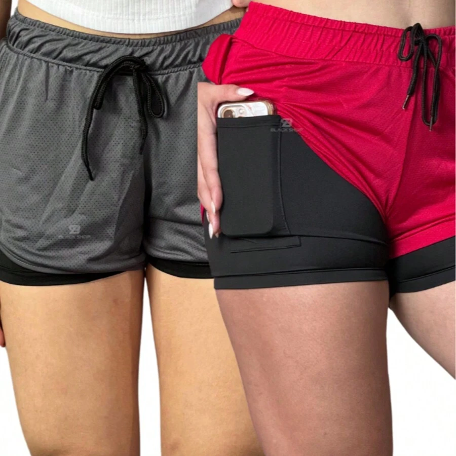 KIT 2 Women's Shorts 2 In 1 Men's Gym Bermuda Running Training With Elastane - 賓治酒 - 查看 1