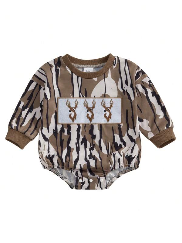 Baby Boy Romper, Long Sleeve Crew Neck Camouflage Embroidery Deer Fall Bodysuit Clothes For Casual Daily