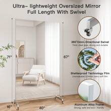 Home Gym Mirror 360° Swivel On Wheels, 79" X 47" Extra Large Full Body Rolling Mirror For Yoga, Nano Film Super Lightweight Unbreakable Full Length Mirror, White - 黑色 - 查看 2