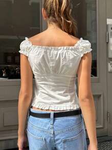 Women's Button Down Tops Fashion Cap Sleeve Solid Color Slim Fit Frill T-Shirts Summer Blouses - Ngà voi - Xem 4