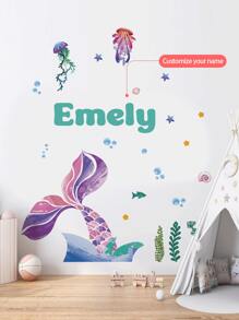 1 Stück Meerjungfrauenschwanz, Seetang, Cartoon Wandtattoo, anpassbarer Text Wandaufkleber, erstelle deinen Signaturstil & personalisieren Raum, Schlafzimmer Wohnzimmer Dekor Zuhause abziehbar, Material: PVC