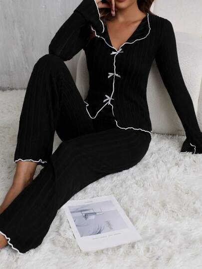 Gestreepte Fleece Lined Pajama Set Bow Neck Ruffle Hem Bell Sleeve Top Pants, Com Tafel Home Wear Two Pieces Suit, Cozy Outfit, Fall Clothes