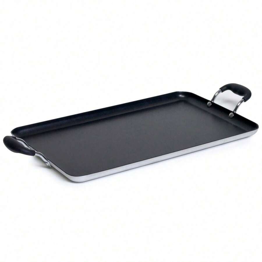 IMUSA 19x12in Aluminum Black Ceramic Double Burner Griddle with Cool-Touch Handles, Nonstick Flat Grill Pan for Pancakes, Eggs, Bacon, and More, Black