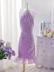 女孩紫色亮片蝴蝶结无袖网眼紧身连衣裙，适合演奏会、婚礼、生日派对 - 紫羅蘭色 - 查看 2