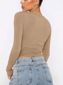 Áo thun nữ dài tay cổ tròn, màu trơn, dáng ôm, thanh lịch và đa năng, thích hợp cho mùa hè, thu/đông và mùa xuân. - Màu be - Xem 5