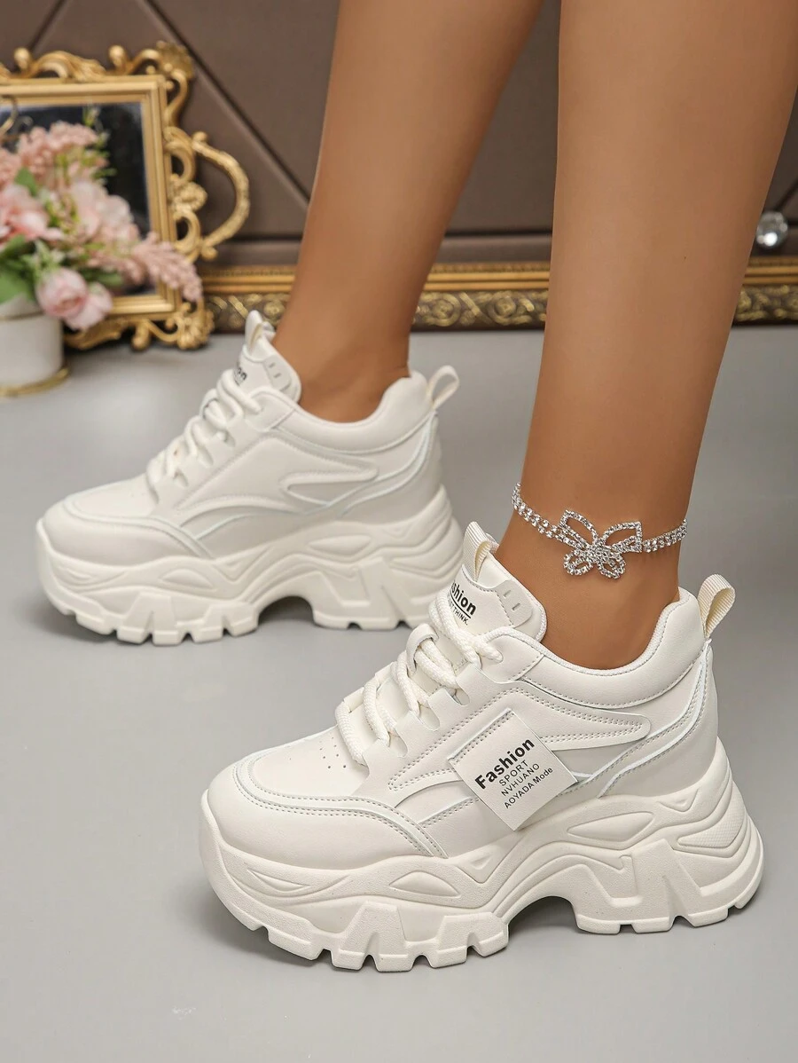 Versatile Casual Outdoor Women Shoes, Fashionable Lace-Up Ladies Platform Thick Sole Sneakers