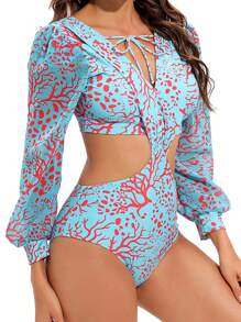 Women's Summer Romper Swimwear Long Sleeve V Neck Hollow Bathing Suit Monokini Swimsuit - Green - View 5