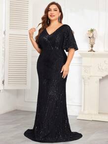 hezixi Premium Stretchy Sequin Fitted Plus Size V-Neck Short Sleeve Elegant Formal Party Dress, Suitable For Mother Of The Bride, Gala Events, Wedding Guest Dress, Evening Dress,Gown - màu đen - Xem 5