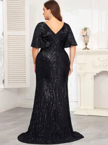 hezixi Premium Stretchy Sequin Fitted Plus Size V-Neck Short Sleeve Elegant Formal Party Dress, Suitable For Mother Of The Bride, Gala Events, Wedding Guest Dress, Evening Dress,Gown - màu đen - Xem 2