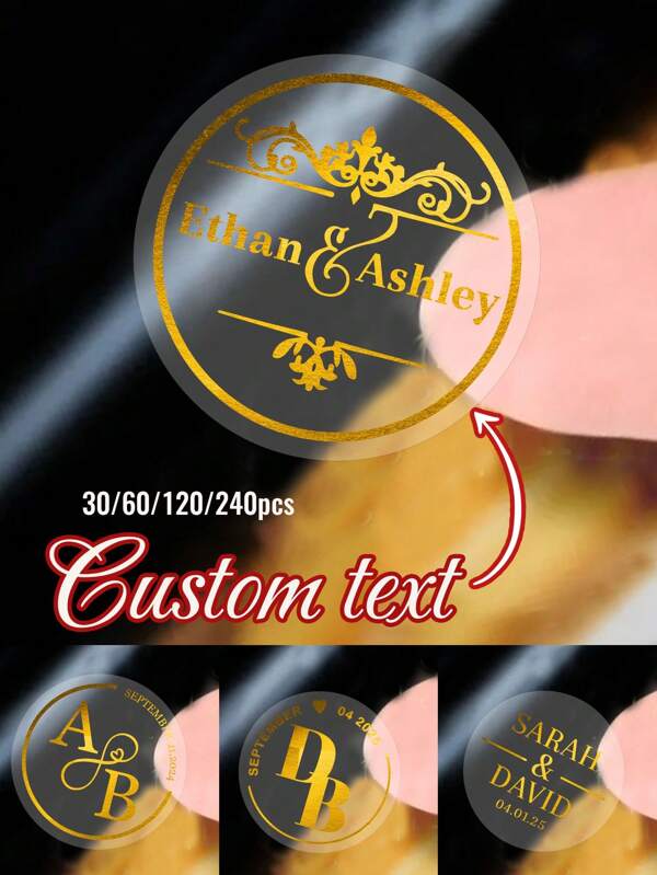 LICVIC 30/60/120/240pcs Custom Text Round Transparent Hot Stamping Stickers, Personalized Wedding Labels, Birthday Stickers, Stickers For Water Bottles, Customized Party Favour Labels, Customizable Wedding Party Self-Adhesive Stickers, Party Bag Labels, 4x4cm, 4 Styles, For Storage Boxes, Envelopes, Water Cups, Cups