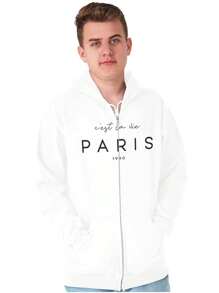 Fashion Graphic Zipper Hoodie Inspirational French Saying C'est La Vie Paris France 1990 Motivational Quote Casual Everyday Cotton Printed Thermal Lined Zip Up Drawstring Hooded Sweatshirt - White - View 1