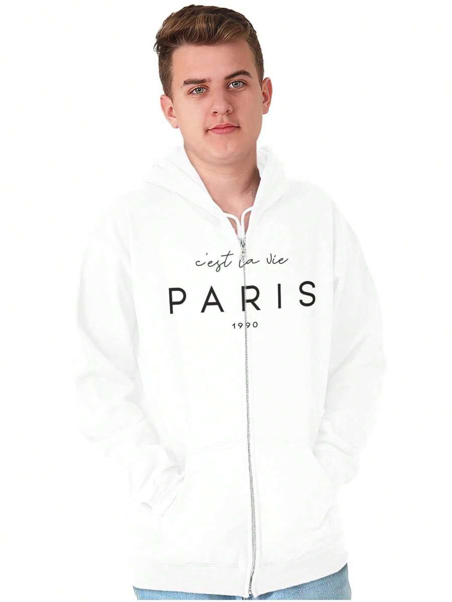 Fashion Graphic Zipper Hoodie Inspirational French Saying C'est La Vie Paris France 1990 Motivational Quote Casual Everyday Cotton Printed Thermal Lined Zip Up Drawstring Hooded Sweatshirt - White - View 1