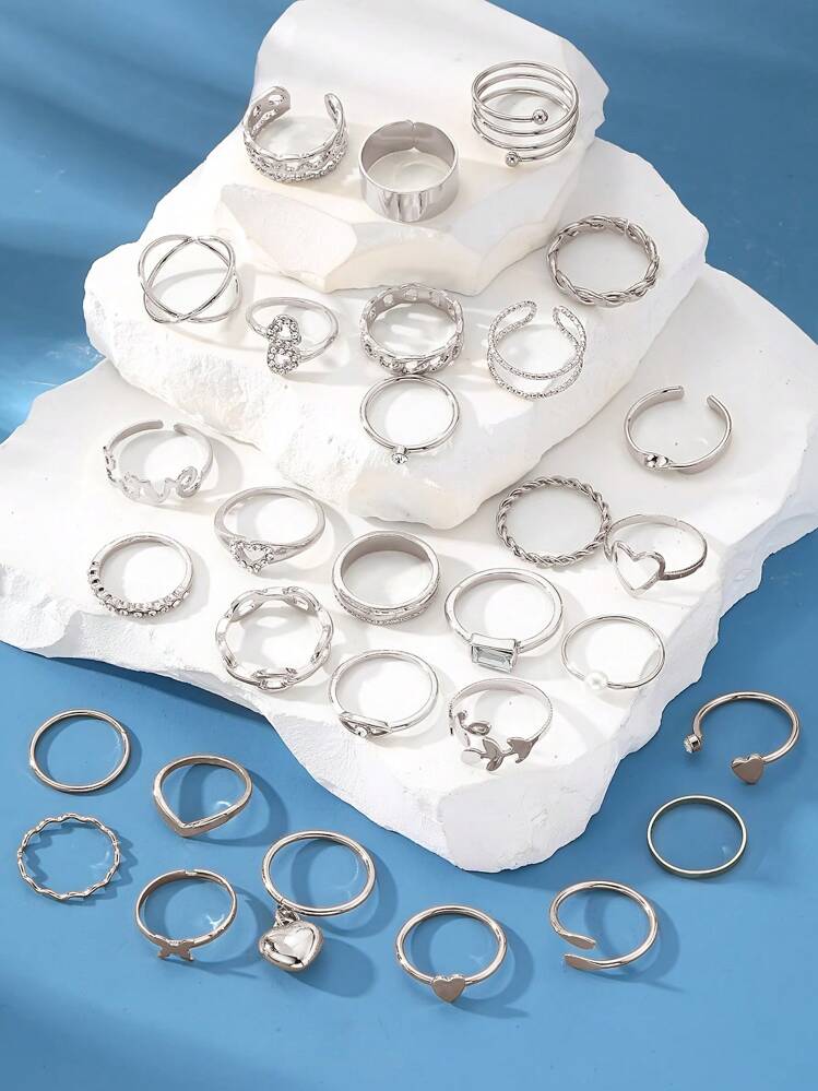 Juego de 27 piezas de anillos de estilo bohemio con diseño de amor para mujeres - Plateado - Añade 6