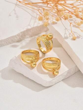 1 Stück Vintage Luxus Metall Wind Kupfer vergoldet schlicht geschnitzt Frauen Gold Perlenring geeignet für Festivals Schmuck-Set, Cut Out