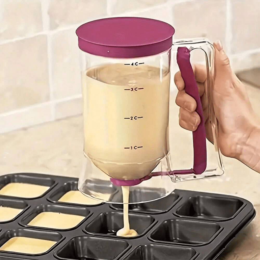 Dispensador de mezcla para panqueques con asa, dispensador de mezcla para panqueques, bandeja de hornear panqueques con dispensador de mezcla, ideal para panqueques, magdalenas, gofres, mezcla de muffins, pasteles, molde para magdalenas, utensilios de cocina, herramientas de hornear