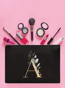 A Black Makeup Bag With The Initials A~Z Printed On It, Featuring A Green Leaf Pattern Print,Cosmetic Bag,Portable Wash Bag,Teacher's Day Gift, Reusable Makeup Bag, Women's Simple And Large Capacity Travel Makeup Bag