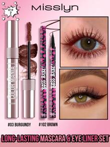 Misslyn Charming Eyeliner & Mascara Set,2 Pcs,BOSS BABE! Boom Black Boom Eyeliner, Waterproof Liquid Ink Eyeliner, Ultra-Pigmented & Waterproof, Creates Bold & Defined Lines, Available In 4 Intense Colors: Brown And Black And Red And Blue - #102+#3 - 查看 1