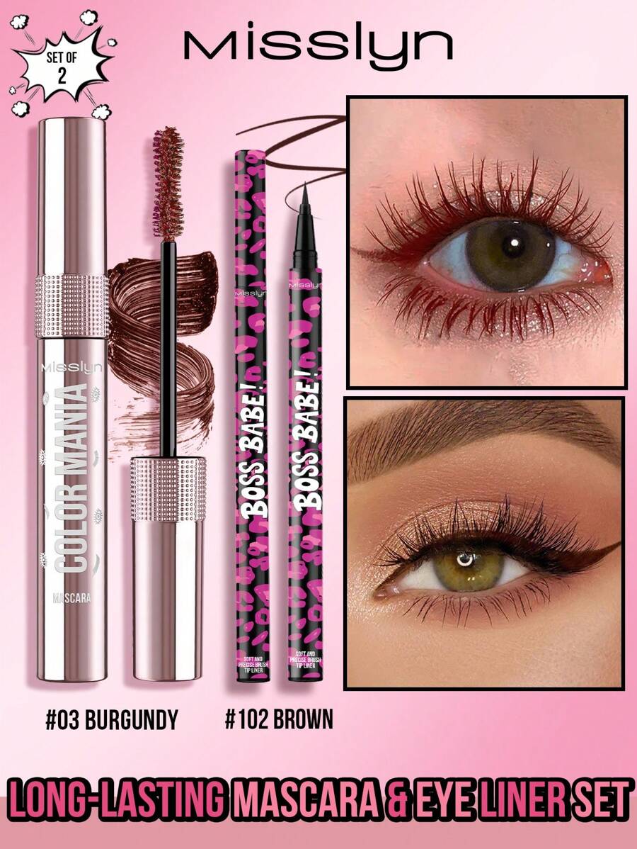 Misslyn Charming Eyeliner & Mascara Set,2 Pcs,BOSS BABE! Boom Black Boom Eyeliner, Waterproof Liquid Ink Eyeliner, Ultra-Pigmented & Waterproof, Creates Bold & Defined Lines, Available In 4 Intense Colors: Brown And Black And Red And Blue - #102+#3 - 查看 1