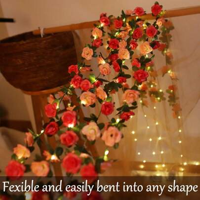 30 LED Artificial Rose Flower Garland String Lights, Battery Powered 10ft Rose Vine Fairy Lights For Valentine's Day, Wedding, Bedroom, Birthday Party, Floral Decor