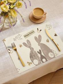 1pc/4pcs/6pcs Spring Decorative Easter Table Mats, Happy Easter, Brown Rabbit Linen Placemats, Dirt-Resistant Dining Mat, Suitable For Home, Restaurant, Dining Table Decor, Home Accessories