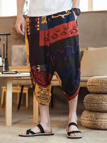 Men Baggy Retro Printed Capri Pants Breathable Below Knee Shorts Wide Leg Casual Summer Shorts