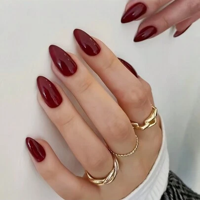 24Pcs Burgundy Solid Color Elegant Artificial Nail Tips, Manicure Nail Art Decals For Holidays, Include Nail File & Glue, Suitable For Women & Girls, Party, Date, Wedding, Waterproof, Perfect Fit, Easy To Remove, Summer Best Seller Press On Nails Nail Supplies Nails