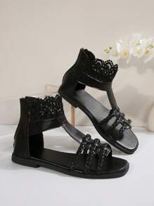 Women Woven Lace Open Toe Back Zipper Roman Sandals, Black Flat Sandals For Spring/Summer - Black - View 6