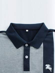 1pc Men's Casual Light Gray & Navy Short Sleeve POLO Shirt