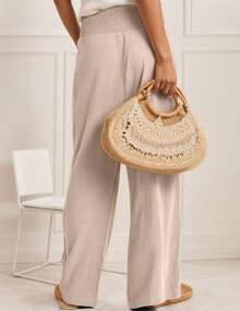 hoteel Women's High Waist Gathered Solid Color Casual Beach Wide Leg Pants Dance Pilates Yoga Pants - 米色 - 查看 6
