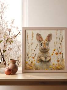 1 件，帆布挂画，带框装饰画，30*30 厘米方形海报，复活节兔子海报，野花田野中的春兔绘画，复活节印刷品，农舍兔子绘画，方形印刷品，乡村小屋装饰，动物墙壁艺术