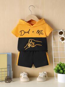 2pcs Baby Casual Daddy & Me Patchwork Graphic Hoodie Shirt And Patchwork Shorts Set, Holiday Gift, Summer - Black - View 1