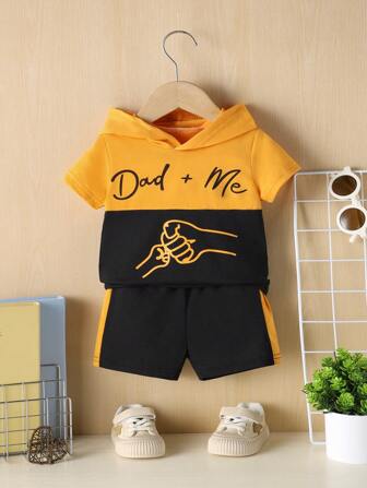 Set de 2 piezas de camisa con capucha estampada y pantalones cortos a juego de estilo casual "Papá y yo", regalo de vacaciones, verano