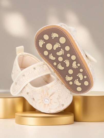 1 paar babymeisjes 0-1 jaar oud bloemen geborduurde stoffen klittenband elegante prinsessenstijl antislip ademende pre-walker schoenen, geschikt voor lente en herfst